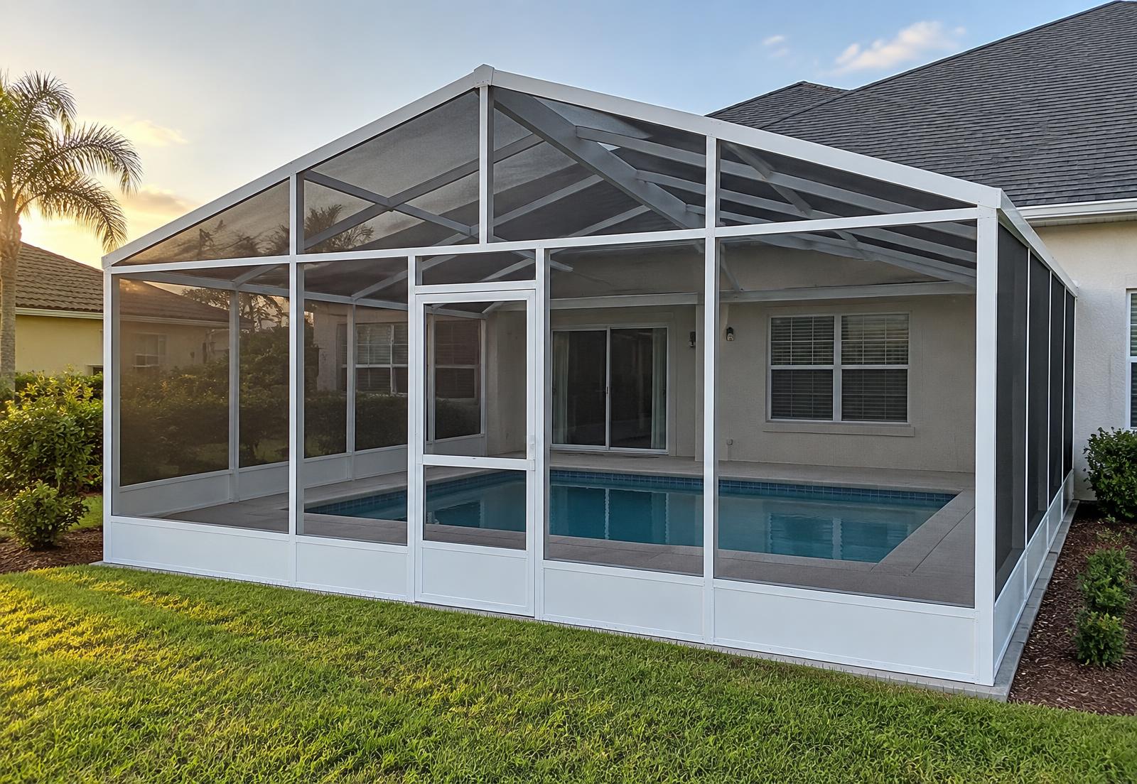 Polar White gable screen pool enclosure with centered entry door and 16-inch kickplate